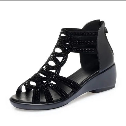 Sandalias romanas de cuero suave para mujer, zapatos de cuña con suela suave, informales, de diseñador, de moda