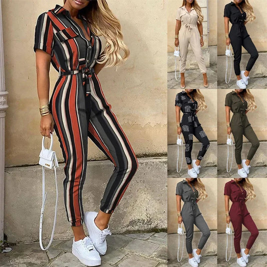 Women's monochrome belt overalls, casual pants, stand-up collar, buckle, European and American style, summer,