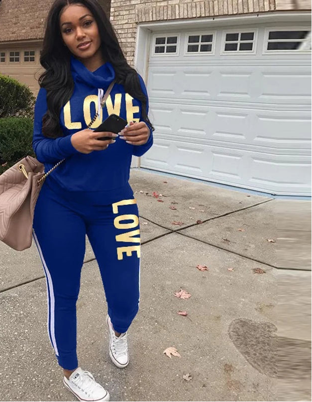 Conjunto de 2 piezas para mujer, sudadera con capucha de cuello alto con estampado de letras de amor, pantalones, chándal, ropa de calle de talla grande