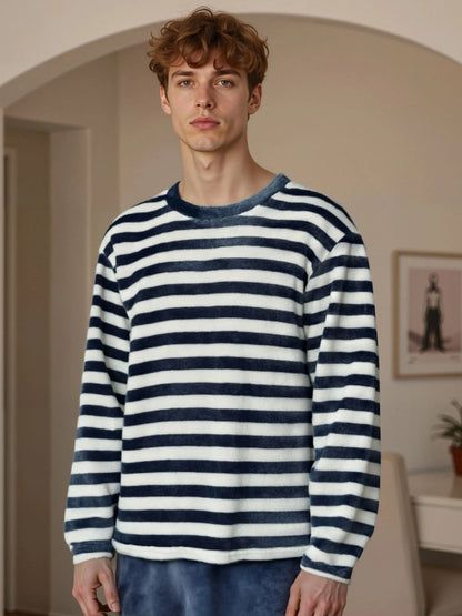 Conjuntos de pijamas térmicos para hombre, ropa de dormir clásica a rayas con dibujos animados de invierno para el hogar