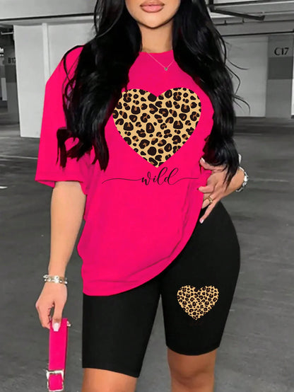 Conjunto de pantalones cortos con estampado de corazón de leopardo para mujer, conjunto de dos piezas de dibujos animados a la moda, transpirable y cómodo, conjunto de pantalones cortos de manga corta