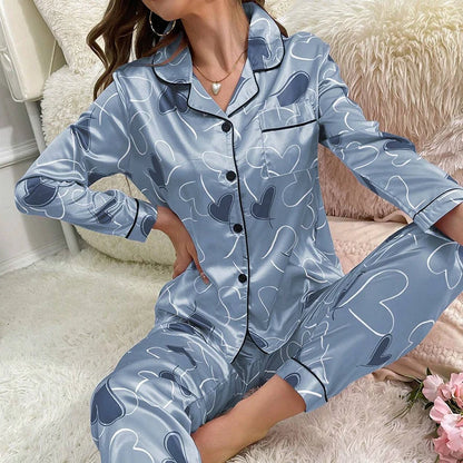 Pijama de satén para mujer, ropa de dormir informal para el hogar, traje de otoño de manga larga con botones, Top y pantalones, ropa