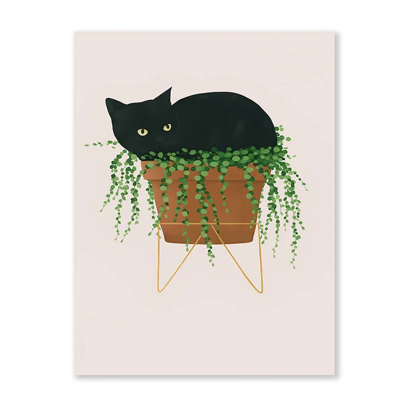 Impresiones artísticas de pared botánicas de gato negro, hojas verdes, plantas, póster bohemio, pinturas decorativas, decoración del hogar para dormitorio y sala de estar