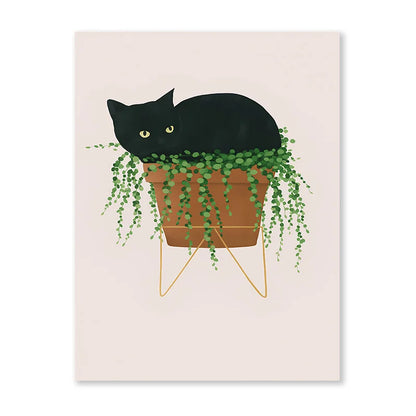 Impresiones artísticas de pared botánicas de gato negro, hojas verdes, plantas, póster bohemio, pinturas decorativas, decoración del hogar para dormitorio y sala de estar