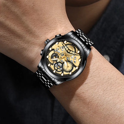 Reloj de negocios para hombre, diseño de esqueleto, estilo mecánico de moda, acero inoxidable, movimiento de cuarzo, calendario, reloj de pulsera impermeable para hombre.