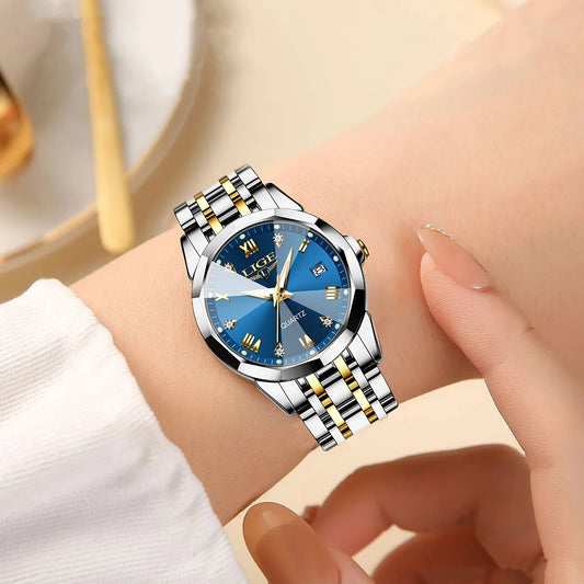 Reloj elegante de lujo para mujer, resistente al agua, luminoso, con fecha, de acero inoxidable, de cuarzo