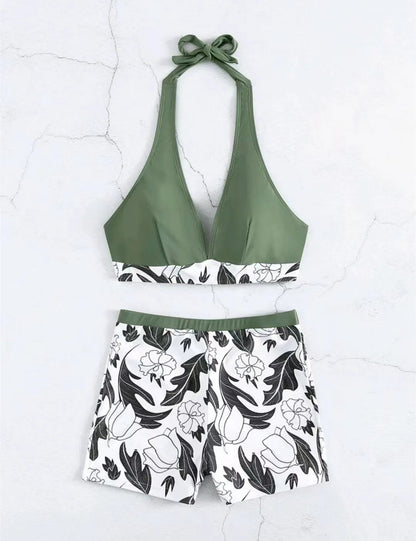 Conjunto de bikini estilo halter 2025, traje de baño corto de cintura alta para mujer, bañador estampado para mujer, traje de baño para playa