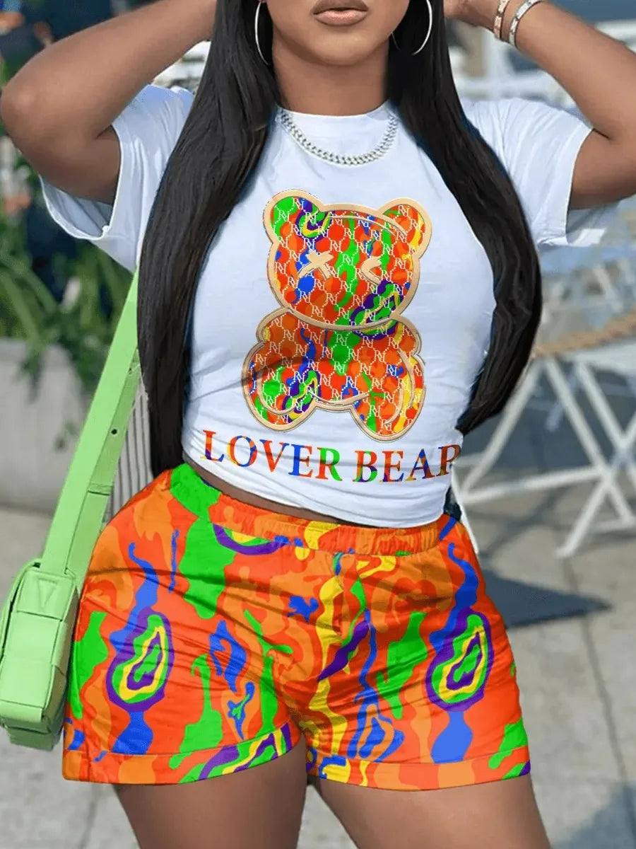 Conjunto informal de camiseta y pantalones cortos de manga corta para mujer, blusa y pantalones con estampado de dibujos animados y cuello redondo, conjunto de dos piezas para oficina