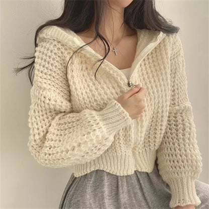 Suéter de punto coreano para mujer, abrigo de moda de otoño e invierno, Sudadera con capucha lisa, cárdigan con cremallera, chaqueta informal de estilo perezoso de calle para mujer