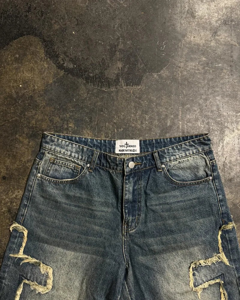 Men's patchwork baggy denim shorts streetwear 