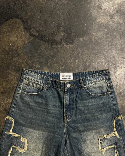 Men's patchwork baggy denim shorts streetwear 