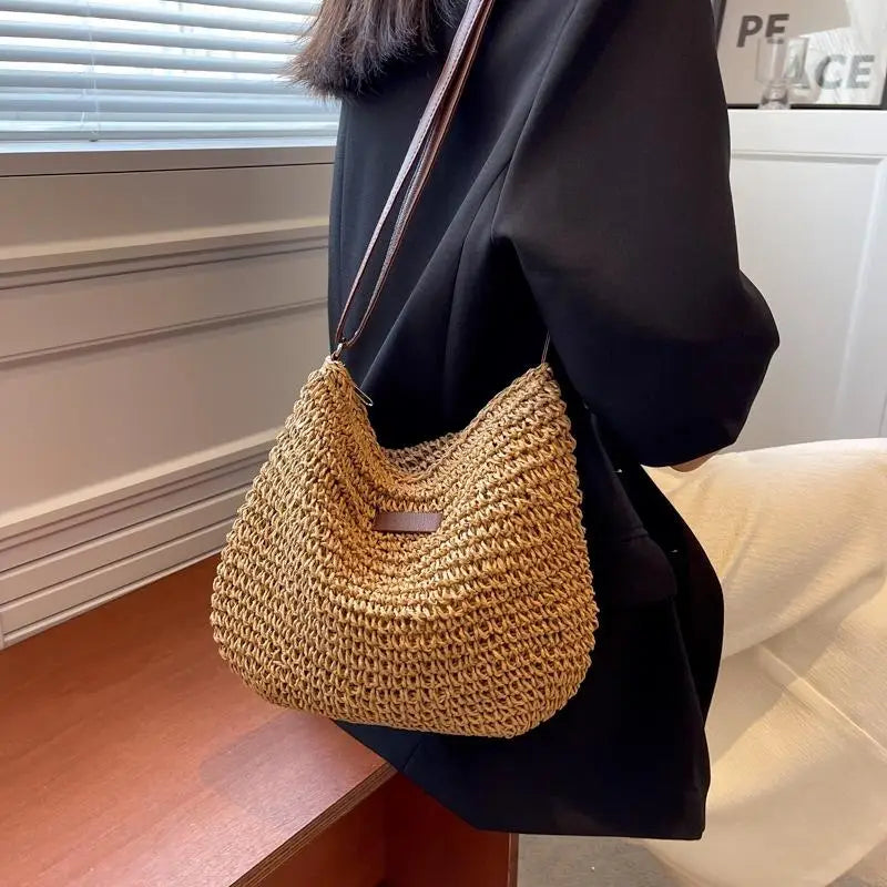 Bolso cruzado de paja para mujer, bolsa de hombro tejida, a la moda, para playa, vacaciones, compras, Verano