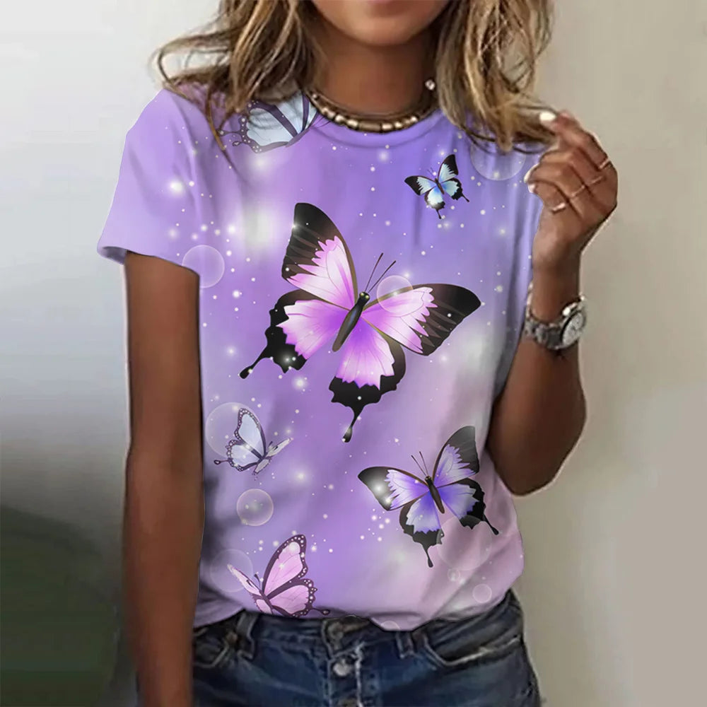 Camiseta con estampado de mariposa 3D y cuello redondo para mujer, camisetas de manga corta de verano a la moda, top de verano de gran tamaño, ropa femenina, novedad de 2024