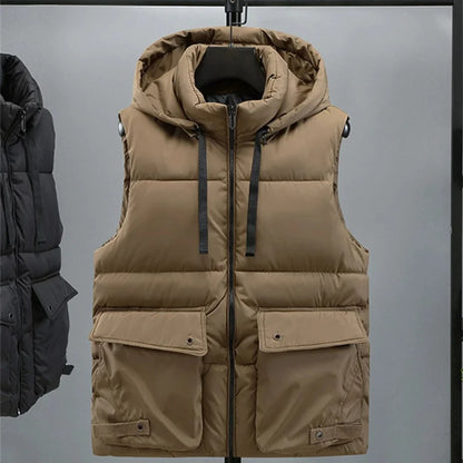 Chaleco con capucha para hombre, chaleco cálido con cuello levantado y cremallera para invierno, chaquetas sin mangas acolchadas de algodón con bolsillos grandes