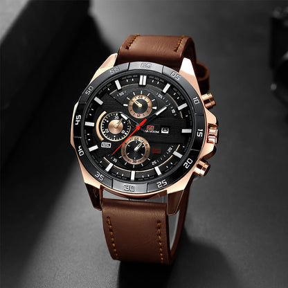 Reloj deportivo para hombre, de cuero, estilo de carreras, informal, de moda, original, negro, oro rosa, calendario, reloj de cuarzo.