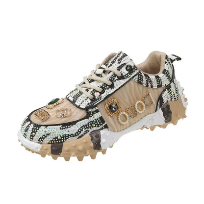 lujosas zapatillas de diamantes de imitación para mujer, zapatos de diseñador vulcanizados de malla, nuevos zapatos casuales de suela gruesa