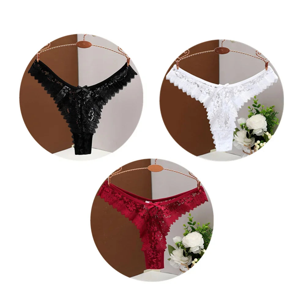 3 piezas,Tanga Sexy con espalda en T para mujer, bragas de encaje a media cintura