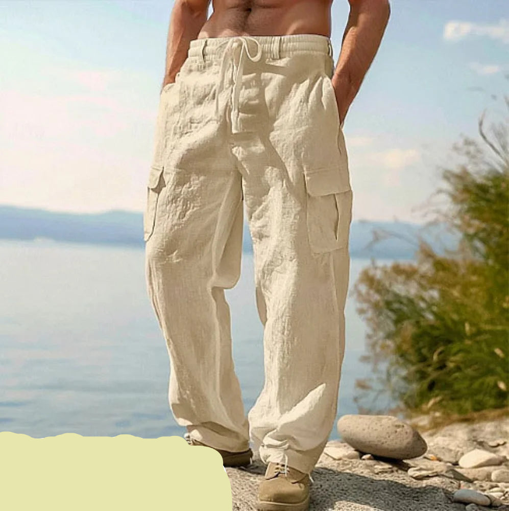 Pantalones de algodón y lino para hombres europeos y americanos, pantalones de trabajo con múltiples bolsillos, ropa deportiva recta holgada y pantalones casuales