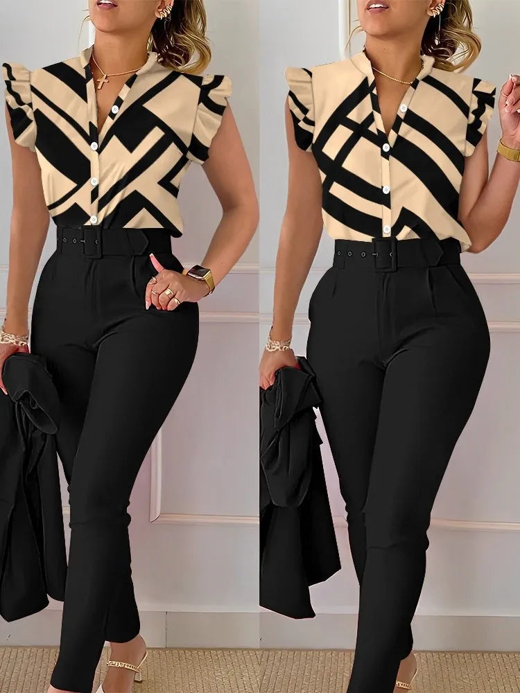 Elegant slim fit two piece set women v neck shirt button fly sleeve solid long pants suits with belt summer fashion