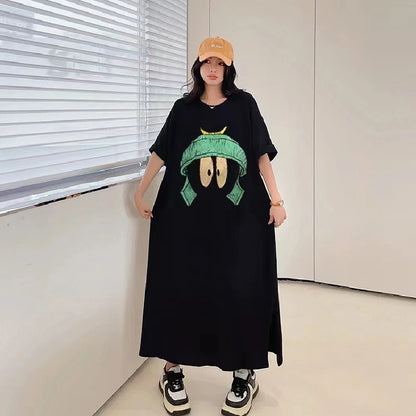 vestido largo informal suelto para mujer, versión coreana, vestido de manga Regular con estampado de dibujos animados divididos, ropa femenina grande