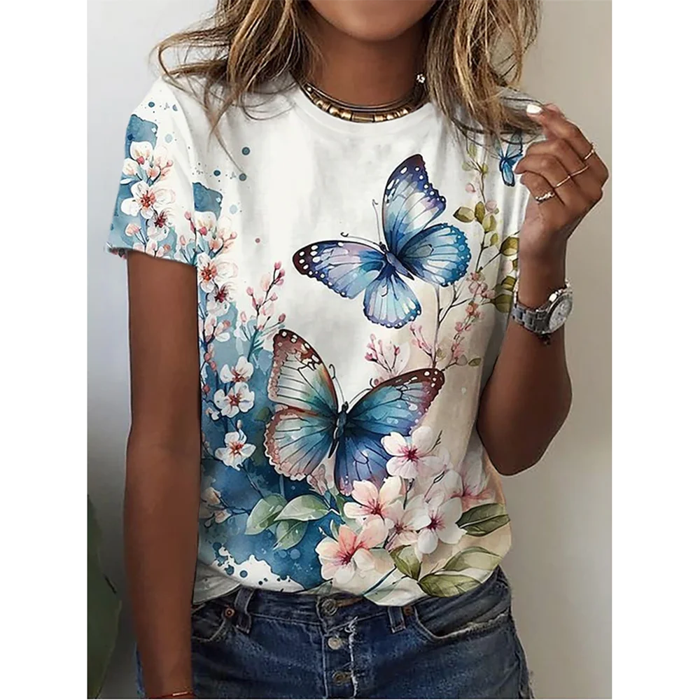 Camiseta con estampado de mariposa 3D y cuello redondo para mujer, camisetas de manga corta de verano a la moda, top de verano de gran tamaño, ropa femenina, novedad de 2024