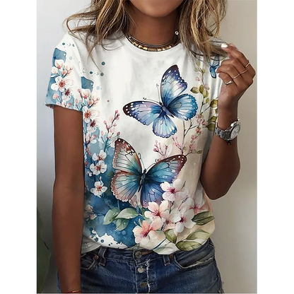 Camiseta con estampado de mariposa 3D y cuello redondo para mujer, camisetas de manga corta de verano a la moda, top de verano de gran tamaño, ropa femenina, novedad de 2024