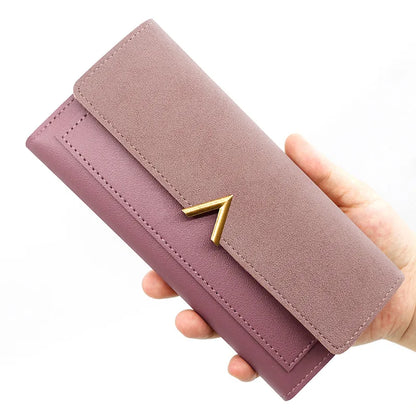 cartera larga con hebilla en forma de V para mujer, cartera triple para mujer