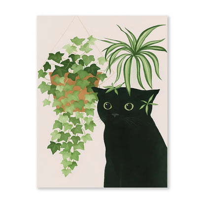 Impresiones artísticas de pared botánicas de gato negro, hojas verdes, plantas, póster bohemio, pinturas decorativas, decoración del hogar para dormitorio y sala de estar
