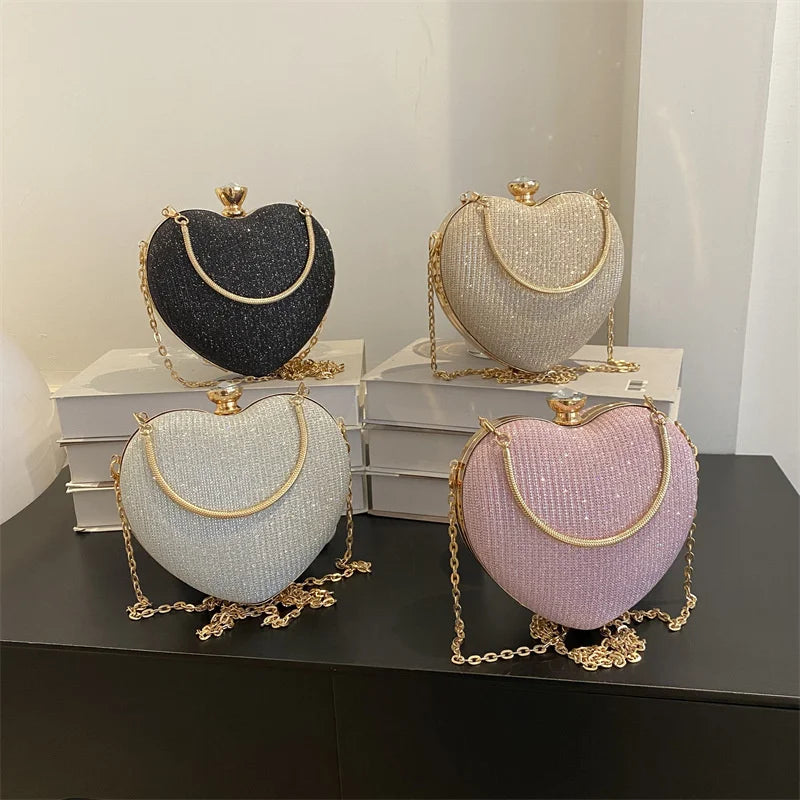 Bolso de mano de noche para mujer, bolso brillante con forma de corazón