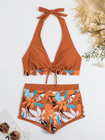 Conjunto de bikini estilo halter 2025, traje de baño corto de cintura alta para mujer, bañador estampado para mujer, traje de baño para playa