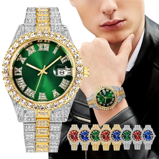 Reloj de pulsera de cuarzo para hombre, de acero inoxidable, con diamantes, calendario y fecha.