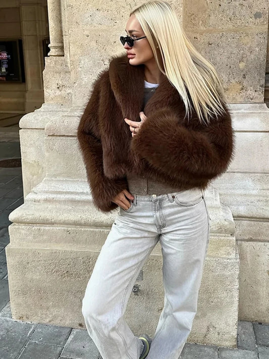 Chaqueta de piel sintética cálida retro para mujer, solapa gruesa, manga larga, botones ocultos, informal, elegante, para ir al trabajo, abrigo holgado, suave y esponjoso, para otoño e invierno, nuevo y elegante