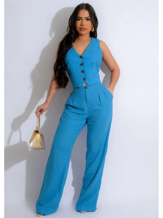 Women 2 Piece Set Sleeveless Vest and Skinny Pants Suit Solid Color V Neck Ultra Crop Top and Pants Office Lady