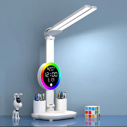 Lámpara de mesa LED recargable para estudio, lámpara de escritorio, luz de lectura, luz de noche LED con ventilador, pantalla de reloj LED, luz de escritorio de lectura