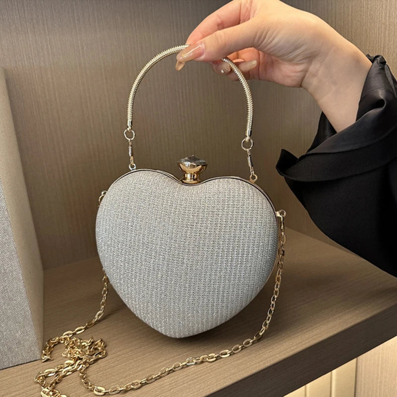 Bolso de mano de noche para mujer, bolso brillante con forma de corazón