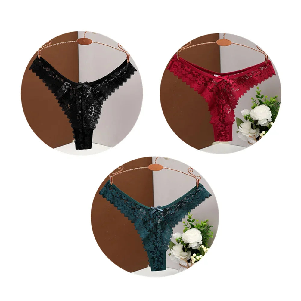 3 piezas,Tanga Sexy con espalda en T para mujer, bragas de encaje a media cintura