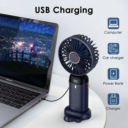 Mini ventilador de mano de 5000 mAh, inalámbrico, recargable por USB, portátil, con pantalla digital, soporte para teléfono, ventilador plegable de 5 velocidades para colgar en el cuello