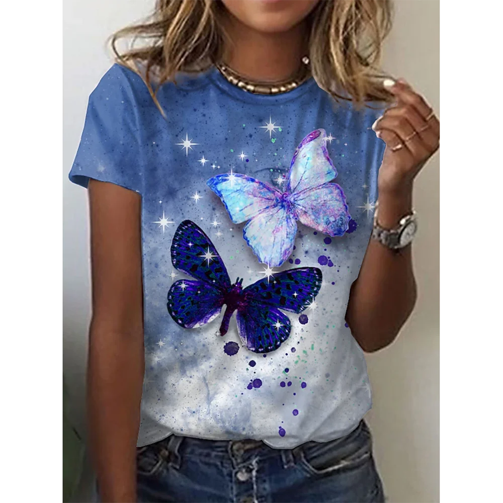 Camiseta con estampado de mariposa 3D y cuello redondo para mujer, camisetas de manga corta de verano a la moda, top de verano de gran tamaño, ropa femenina, novedad de 2024