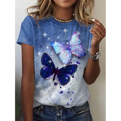 Camiseta con estampado de mariposa 3D y cuello redondo para mujer, camisetas de manga corta de verano a la moda, top de verano de gran tamaño, ropa femenina, novedad de 2024
