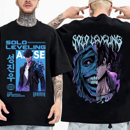 Camiseta de anime japonés Solo Leveling para hombre, camisetas gráficas de dibujos animados de Sung Jinwoo, camiseta Harajuku de manga corta de algodón de alta calidad