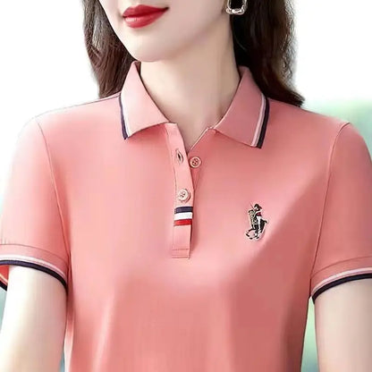 Middle-aged women's short-sleeved T-shirt, loose-fitting polo shirt with contrast embroidery and lapel