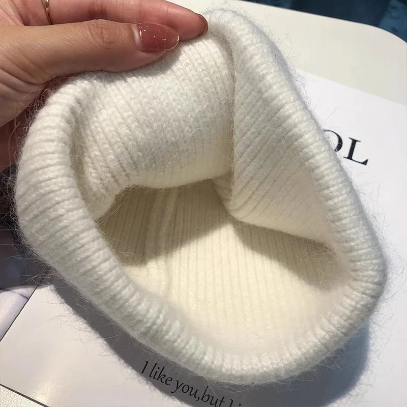 Gorro de punto de Angora para mujer, gorros de punto esponjosos de piel de conejo, gorro de lujo de Corea para mujer