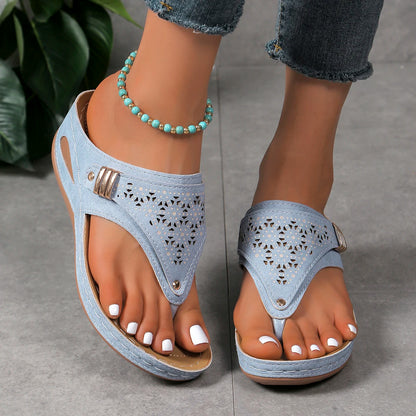 Sandalias ortopédicas de verano para mujer, de piel, antideslizantes, con plataforma suave, con cuña y tacón