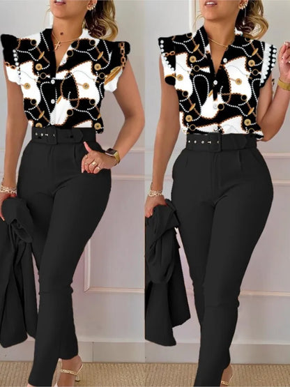 Elegant slim fit two piece set women v neck shirt button fly sleeve solid long pants suits with belt summer fashion
