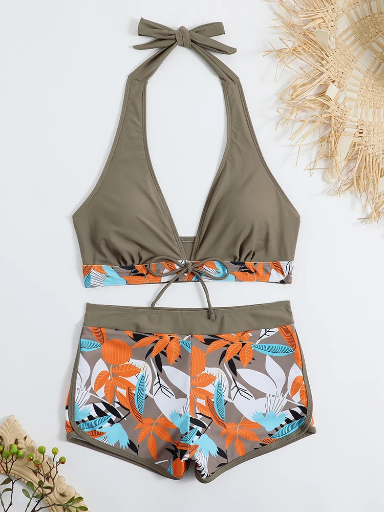 Conjunto de bikini estilo halter 2025, traje de baño corto de cintura alta para mujer, bañador estampado para mujer, traje de baño para playa