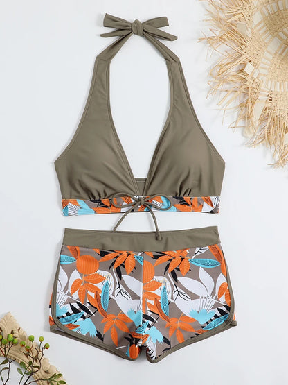 Conjunto de bikini estilo halter 2025, traje de baño corto de cintura alta para mujer, bañador estampado para mujer, traje de baño para playa