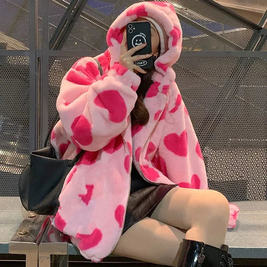 Chaqueta de felpa con estampado en forma de corazón Harajuku para mujer, abrigo coreano de manga larga con capucha, ropa de calle gruesa y cálida para parejas, invierno