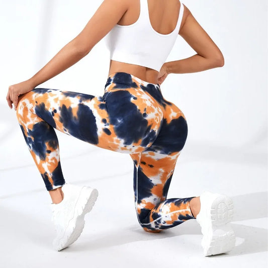 Mallas de Yoga sin costuras con tinte anudado para mujer, mallas ajustadas de cintura alta con realce en el trasero, elásticas en 4 direcciones para entrenamiento al aire libre