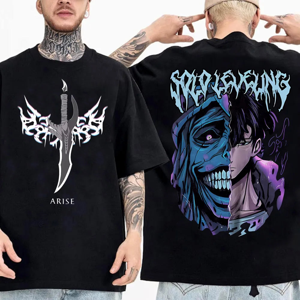 Camiseta de anime japonés Solo Leveling para hombre, camisetas gráficas de dibujos animados de Sung Jinwoo, camiseta Harajuku de manga corta de algodón de alta calidad