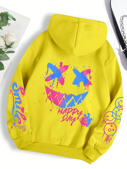 sudadera unisex con capucha transpirable y cómoda con estampado de cara sonriente personalizada de otoño para hombre, sudadera con capucha de moda urbana para exteriores